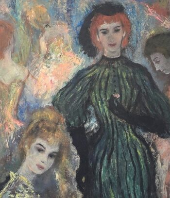 Painting of a woman in a green striped dress